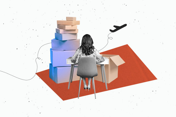 合成照片拼贴，匿名女孩坐在桌椅上，飞机飞行，纸箱堆叠，邮寄快递，背景为涂鸦风格。图片下载