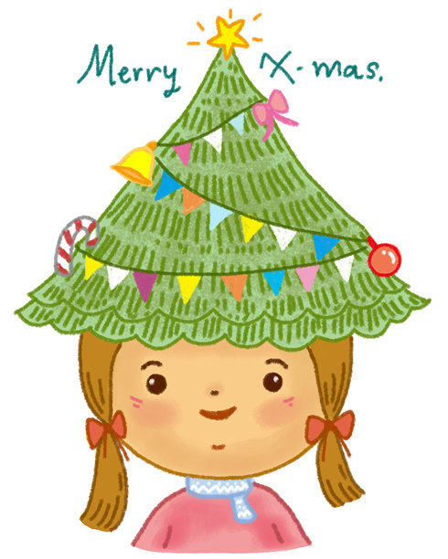 可爱的女孩戴着松树帽。圣诞快乐。卡通角色插图，背景为白色。手绘的粉彩、蜡笔、油画棒和粉笔画。图片下载