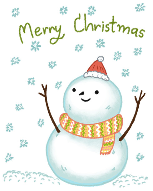 戴着红色帽子和围巾的雪人站在雪地里，周围飘落着雪花。圣诞快乐。卡通角色插图，背景为白色。手绘的粉彩、蜡笔、油画棒和粉笔画。图片下载