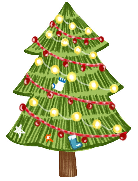 松树。圣诞快乐。卡通角色插图，背景为白色。手绘的粉彩、蜡笔、油画棒和粉笔画。图片下载