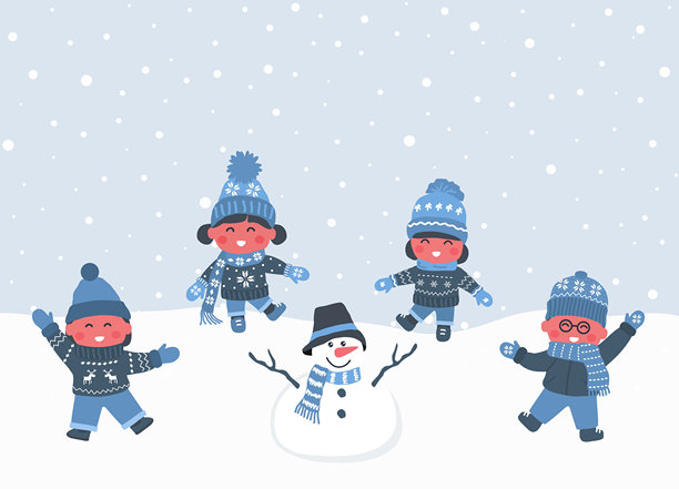 快乐的孩子们堆雪人。穿着冬装的孩子们跳舞。一群孩子在雪地里玩得很开心。图片下载