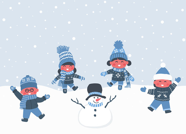 快乐的孩子们堆雪人。穿着冬装的孩子们跳舞。一群孩子在雪地里玩得很开心。图片下载