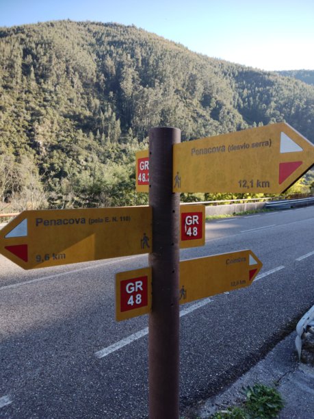 这张图片展示了一根登山步道指示牌，背景是森林覆盖的山丘。图片下载