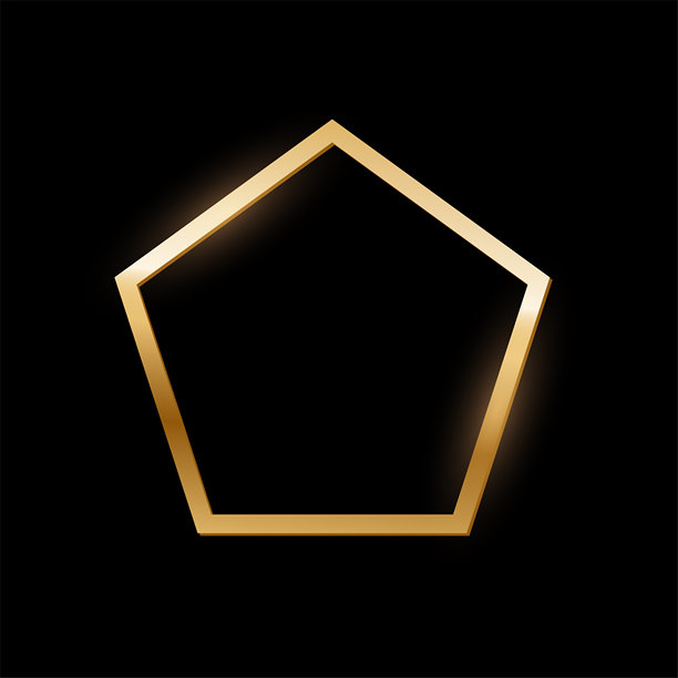 黑色背景上的金色五角形照片框。金色按钮。留白区域用于放置图片、画作或卡片。3D真实感空模板矢量插图。简单物体模型。图片下载