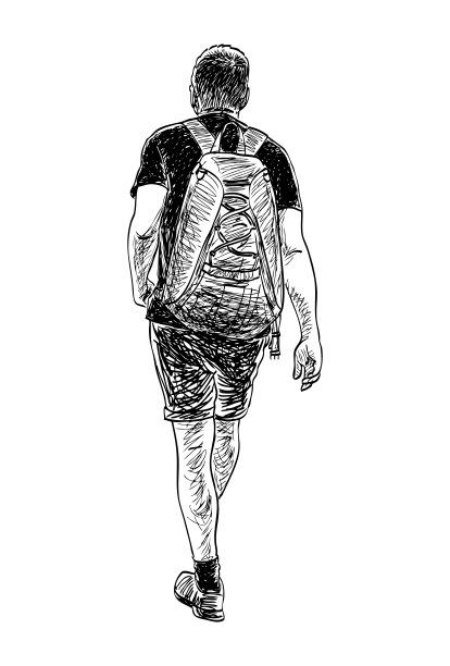 背影写实手绘的背包客在夏日独自徒步旅行，矢量插图，背景为白色。图片下载