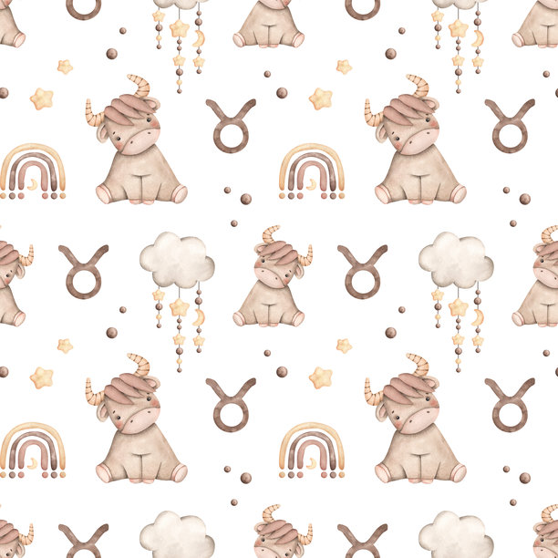 水彩手绘的黄道带无缝图案，包含可爱的宝宝金牛座。适合儿童服装、纺织品和床上用品的可爱卡通印花。图片下载