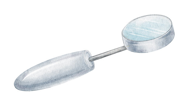 牙科镜。用于治疗龋齿和牙痛的牙科设备，口腔卫生工具。孤立的手绘水彩儿童插图。适用于儿童牙科诊所的剪贴画。图片下载