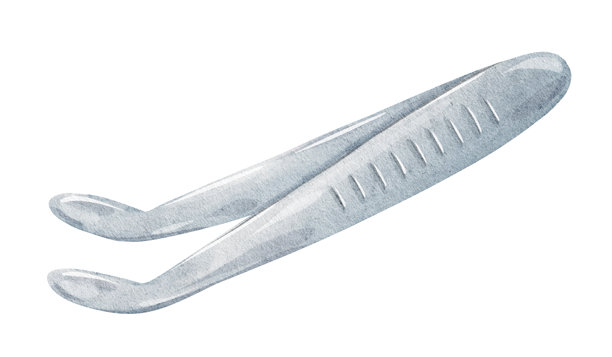 钢制弯曲镊子。用于治疗龋齿和牙痛的牙科工具，医疗设备专业仪器。孤立的手绘水彩儿童插图。图片下载