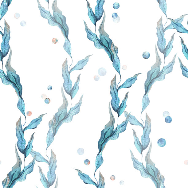 海蓝色藻类与在波浪中扭动的叶子和气泡。手绘的水下世界水彩插图。适用于面料、纺织品、印刷和设计的白色背景无缝图案。图片下载