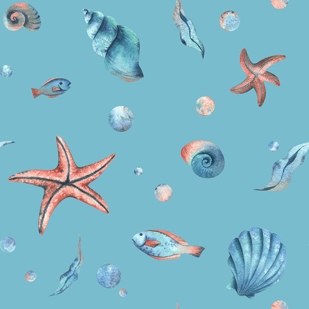海洋贝壳、海星、海藻、鱼和气泡。水彩插图描绘的水下世界，手绘的无缝图案，蓝色背景，适用于面料、纺织品、印刷、设计和装饰。图片下载