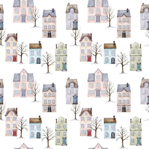 白色背景上的欧洲传统房屋无缝图案。雪中的城市建筑。手绘水彩插图。冬季的老城区。适用于壁纸、卡片和包装纸的设计。图片下载