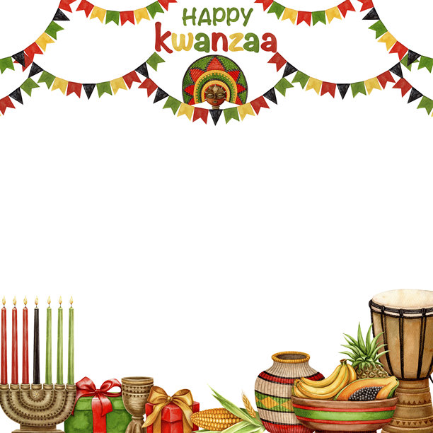 快乐的宽扎节方框，装饰有花环、基纳拉、鼓、水果盘和礼物。手绘水彩节日插图，展示传统象征。适用于非裔美国人设计的独立图案。图片下载