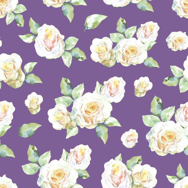 白玫瑰花束与绿色叶子的无缝图案，来自花园花卉系列。水彩插图适用于面料、厨房毛巾、纺织品、编织、壁纸和包装纸的花卉设计。手绘的柔和、彩虹色调，富有创意。图片下载
