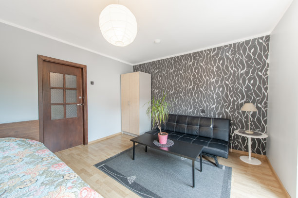 家居客厅和卧室。窗户，时尚复古风格公寓。开放式室内，沙发，沙发床和衣柜，衣橱。硬木地板和地毯。咖啡桌和花卉。图片下载