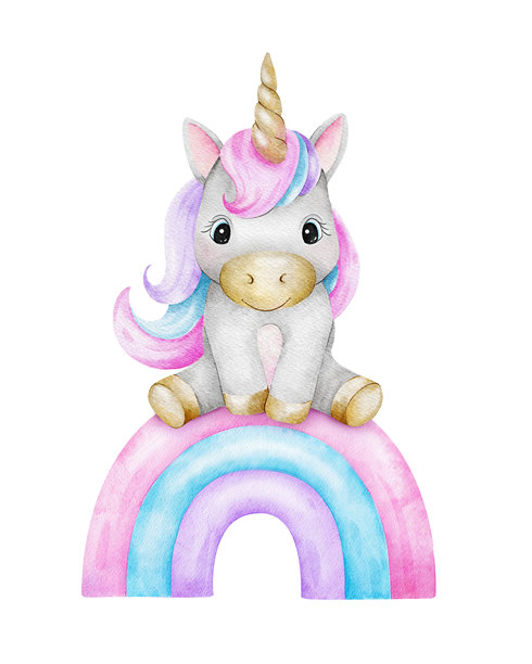 坐在粉色彩虹上的独角兽。手绘水彩插图，适用于商标、儿童用品、服装、纺织品、明信片、海报、婴儿派对和儿童房间。图片下载