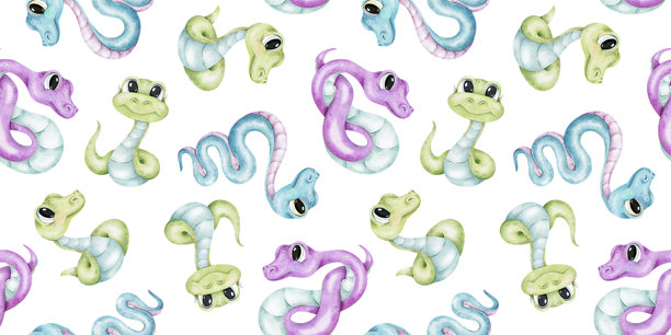 可爱的彩色蛇。手绘的婴儿水彩无缝图案，适用于儿童服装、纺织品、包装、剪贴簿、办公用品和壁纸的背景。图片下载