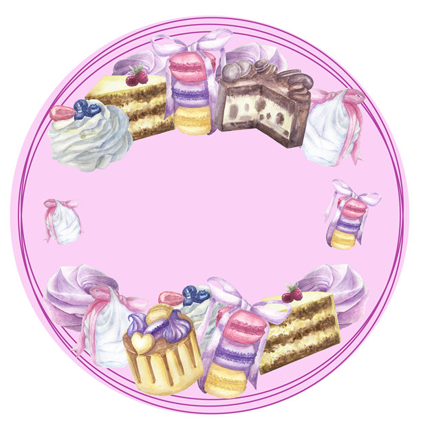 手绘水彩圆形框架，内含杯子蛋糕、蛋糕、饼干和浆果。适用于邀请函、卡片、生日、婚礼和贺卡。可用作商标和贴纸。图片下载