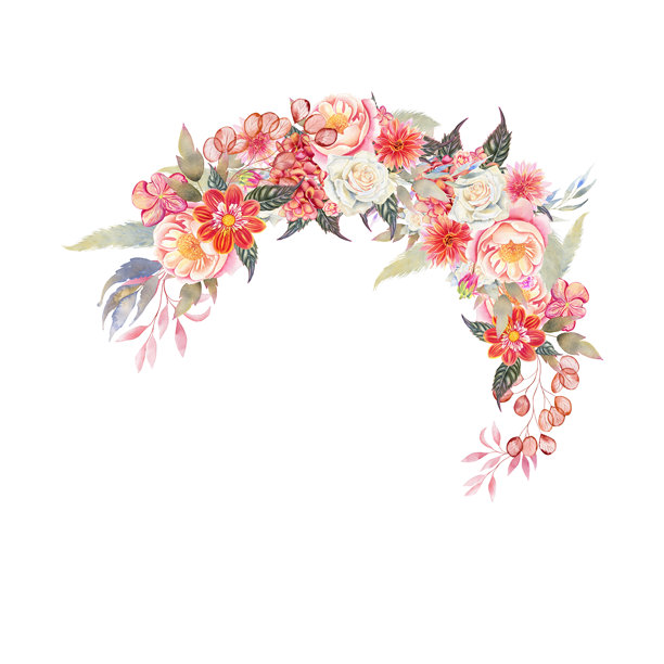 秋季风格的水彩花环。手绘的婚礼卡片，采用柔和的米色和陶土色。带有大丽花和绣球花的邀请函和问候框。图片下载