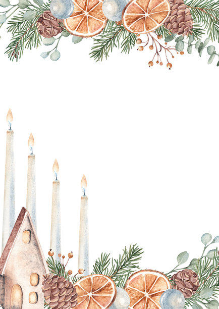 圣诞节降临节方形竖框，边框。冬季植物、蜡烛和陶瓷房屋、乡村风格的灯笼的卡片模板。手绘的植物插图，包括冷杉枝、桉树、松果和干橙片。图片下载