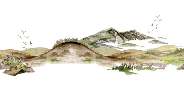 手绘水彩风景画，展现起伏的山丘、悬崖、田野、草地和高山美景，花卉点缀。无缝横幅。适用于旅游、度假村广告、徒步旅行和露营地点、假期宣传。图片下载