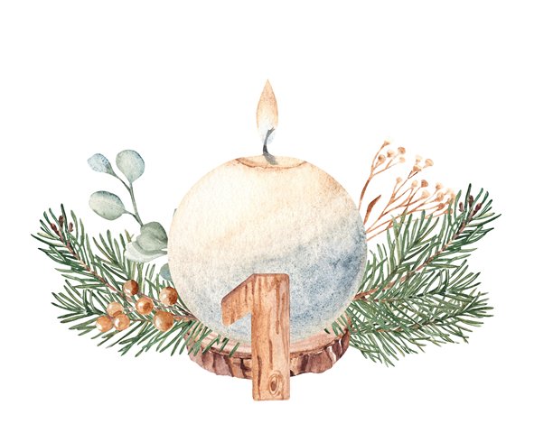 首个降临节，圣诞蜡烛与冬季植物的组合。冷杉枝、桉树、松果和木制数字一。手绘植物插图，独立于白色背景。适用于贺卡和印刷品。图片下载