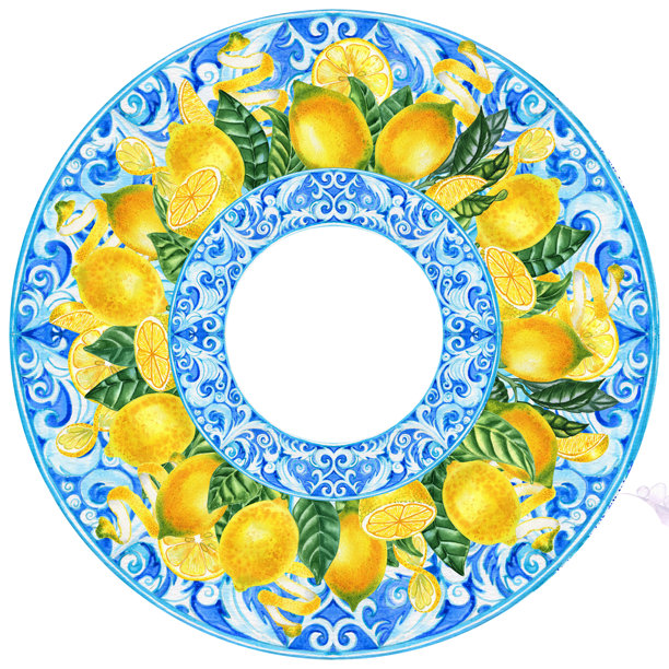水彩柠檬和西西里马约利卡圆形花环框架。手绘卡片，带有意大利风格的陶瓷砖元素。适用于邀请函和祝贺。图片下载