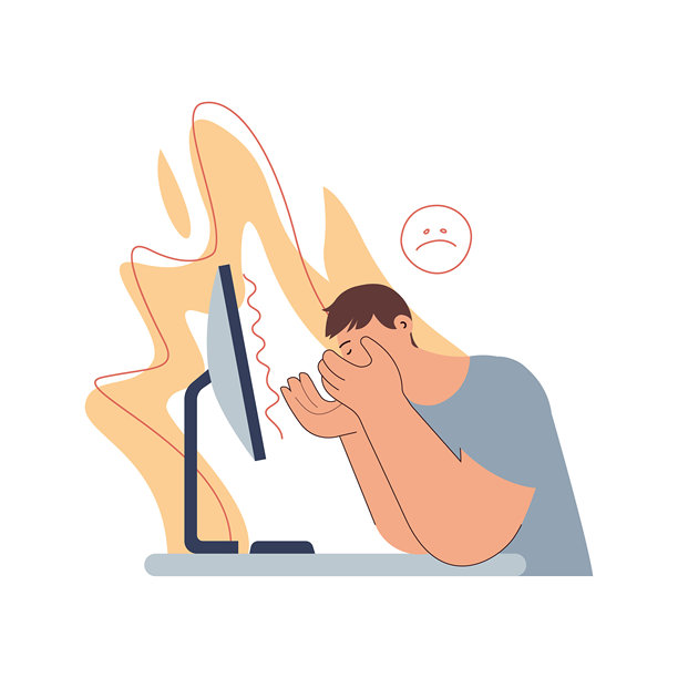 职业倦怠综合症。压力下的男人，表情不悦的表情符号，办公桌，背景有火焰。沮丧的员工，心理障碍问题。现代矢量平面插图。图片下载