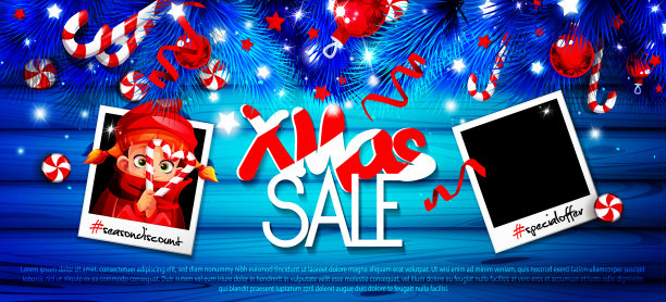 卡通风格的节日圣诞折扣横幅。女孩手持心形棒棒糖的宝丽来照片，背景是装饰有圣诞球和五彩纸屑的松枝，木质背景。创意矢量新年促销广告横幅，留有文字空间。图片下载