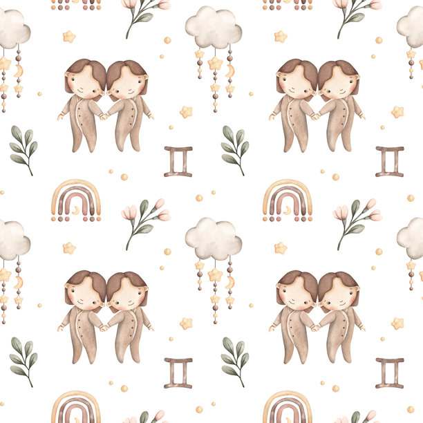 双子座水彩手绘无缝图案，带有可爱的宝宝双子。适合儿童服装、纺织品和床上用品的卡通印花。图片下载