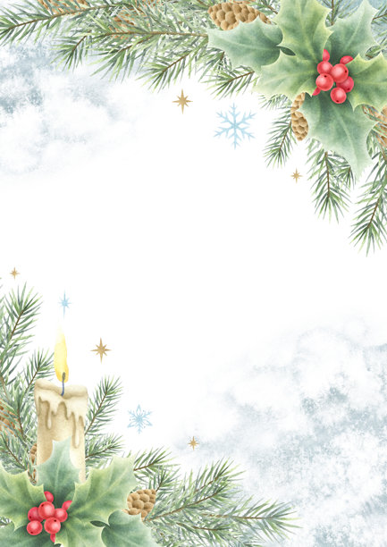 带有蜡烛、冬青、红浆果、松树枝和松果的圣诞卡垂直模板，背景为绿色水彩污点。手绘插图适用于新年贺卡模板，A4尺寸。图片下载
