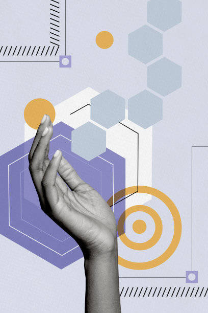 垂直照片拼贴，手展示化学链成功增长发展的目标图表，背景为涂鸦风格。图片下载