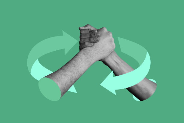 商务人士手部合作姿势的合成照片拼贴，握手、协议、支持箭头，背景为涂鸦风格。图片下载