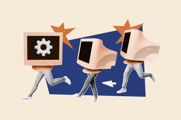 合成照片拼贴，匿名人物在涂鸦背景上奔跑，身体与电脑显示器、齿轮、优化屏幕成瘾相结合。图片下载