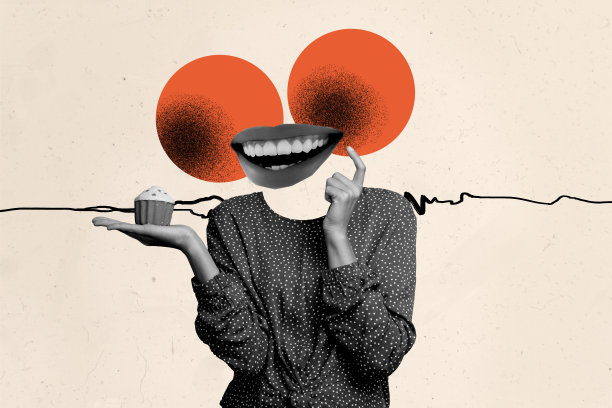 极简风格的照片拼贴艺术作品，展示了一位时髦女士的嘴巴代替头部，享受着一个小杯子蛋糕，背景创意独特。图片下载