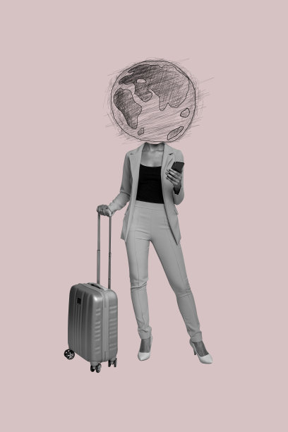 垂直照片拼贴，匿名游客女孩的头部被地图、地球仪、预订、冒险、手机和手提箱替代，背景为涂鸦风格。图片下载