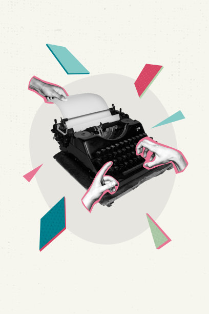 垂直照片拼贴，展示手在打字机上按键，打印字母，创作小说，背景为涂鸦风格。图片下载