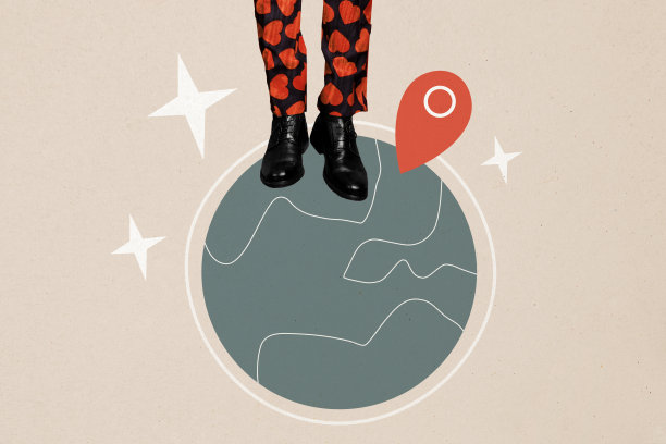 复合趋势艺术作品草图照片拼贴，包含空白空间，旅行中的地球仪，宇宙地理位置，隐秘的双腿站立。图片下载