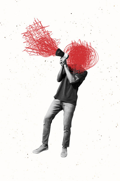 复合趋势艺术作品草图图像照片拼贴，留白，杂乱线条涂鸦，年轻人无头，演讲，扩音器，领导者宣告图片下载