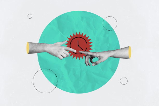 手指触碰在一起的复合照片拼贴，闹钟表盘、时间安排、到期间隔，背景为涂鸦风格。图片下载