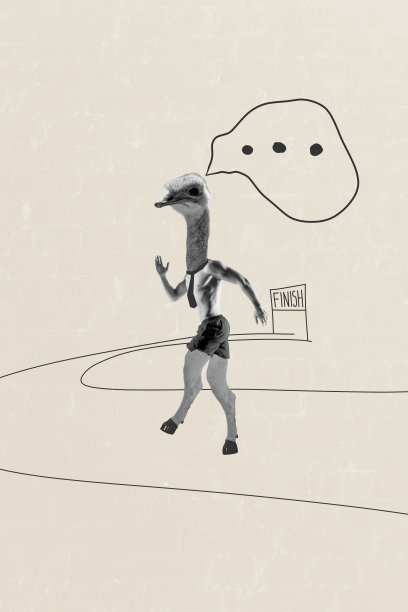 无头无身的人类男性躯干与鸵鸟头、马腿在运动比赛中奔跑的垂直照片拼贴，背景为涂鸦风格。图片下载