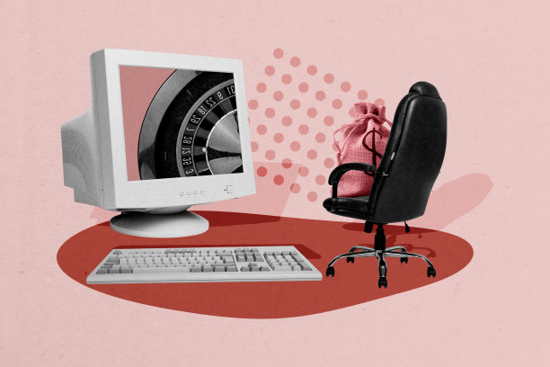 工作桌上的复合照片拼贴，包括电脑显示器、赌场轮盘、扑克椅和美元钱袋，背景为涂鸦风格。图片下载