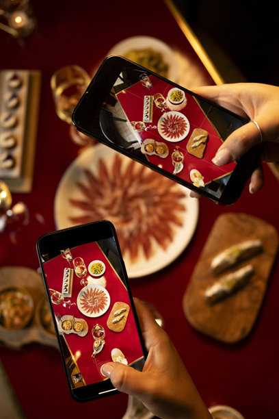 两只手握着智能手机，拍摄奢华美食的俯视照片。图片下载