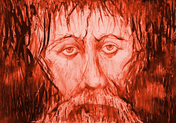 时尚的插图现代艺术作品我的原画水彩水平黑白肖像印象派一个痛苦的人的脸一个人的悲伤和痛苦在他的表情在单色红色调图片下载