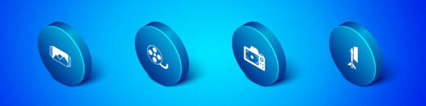 等距照片框、相机、软箱中的摄影灯泡和胶卷图标。矢量图。图片下载