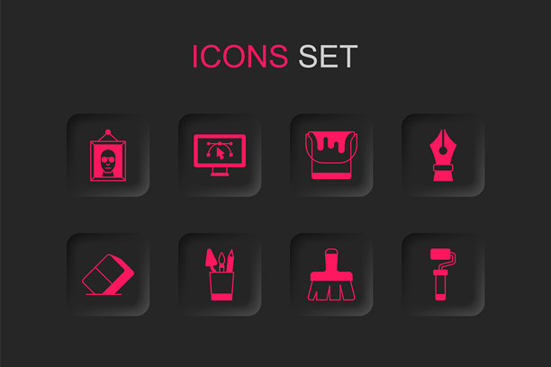 文具铅笔盒、带设计程序的电脑、图片、画笔、钢笔笔尖、滚筒、桶和橡皮擦图标。矢量图。图片下载