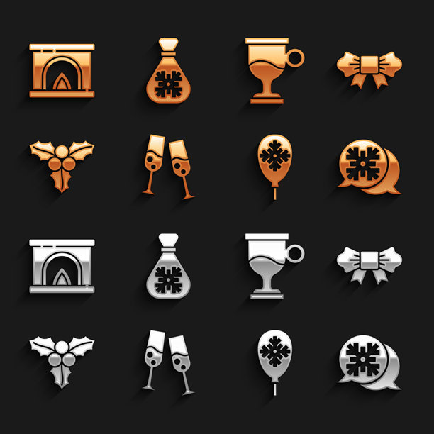 香槟酒杯、蝴蝶结、雪花对话气泡、带雪花的气球、洋槐枝、热红酒、室内壁炉和圣诞老人礼物袋图标。矢量图。图片下载