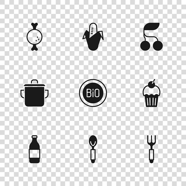 汤匙、松饼、叉子、个人简介横幅、新鲜浆果、鸡腿、玉米和炊具图标。矢量图。图片下载