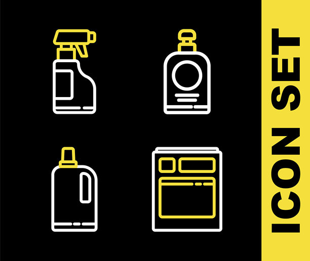 洗手液瓶、厨房洗碗机、柔顺剂和喷雾清洁剂图标。矢量图。图片下载