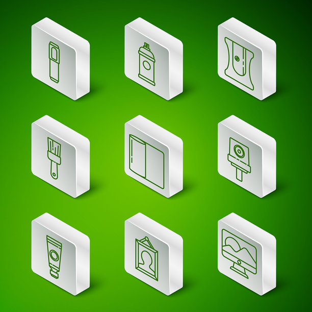 计算机显示器屏幕、图片、记号笔、纸巾卷、画笔、喷雾罐、带调色板的油漆管和喷嘴盖图标。矢量图。图片下载