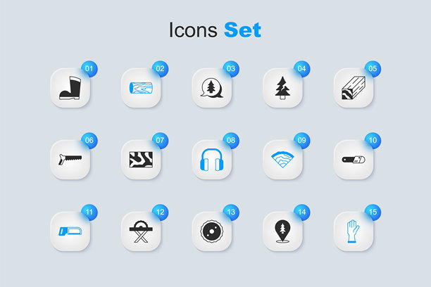森林的位置，木梁，原木，手锯，保护手套，电锯，防水橡胶靴和耳机图标。矢量图。图片下载
